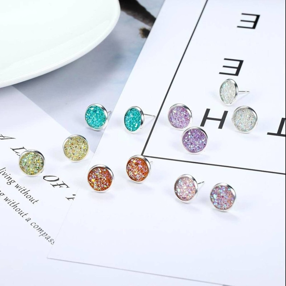 NWOT~~Classic Colored Druzy Silver Alloy Stud Earrings‎ 6 pc set